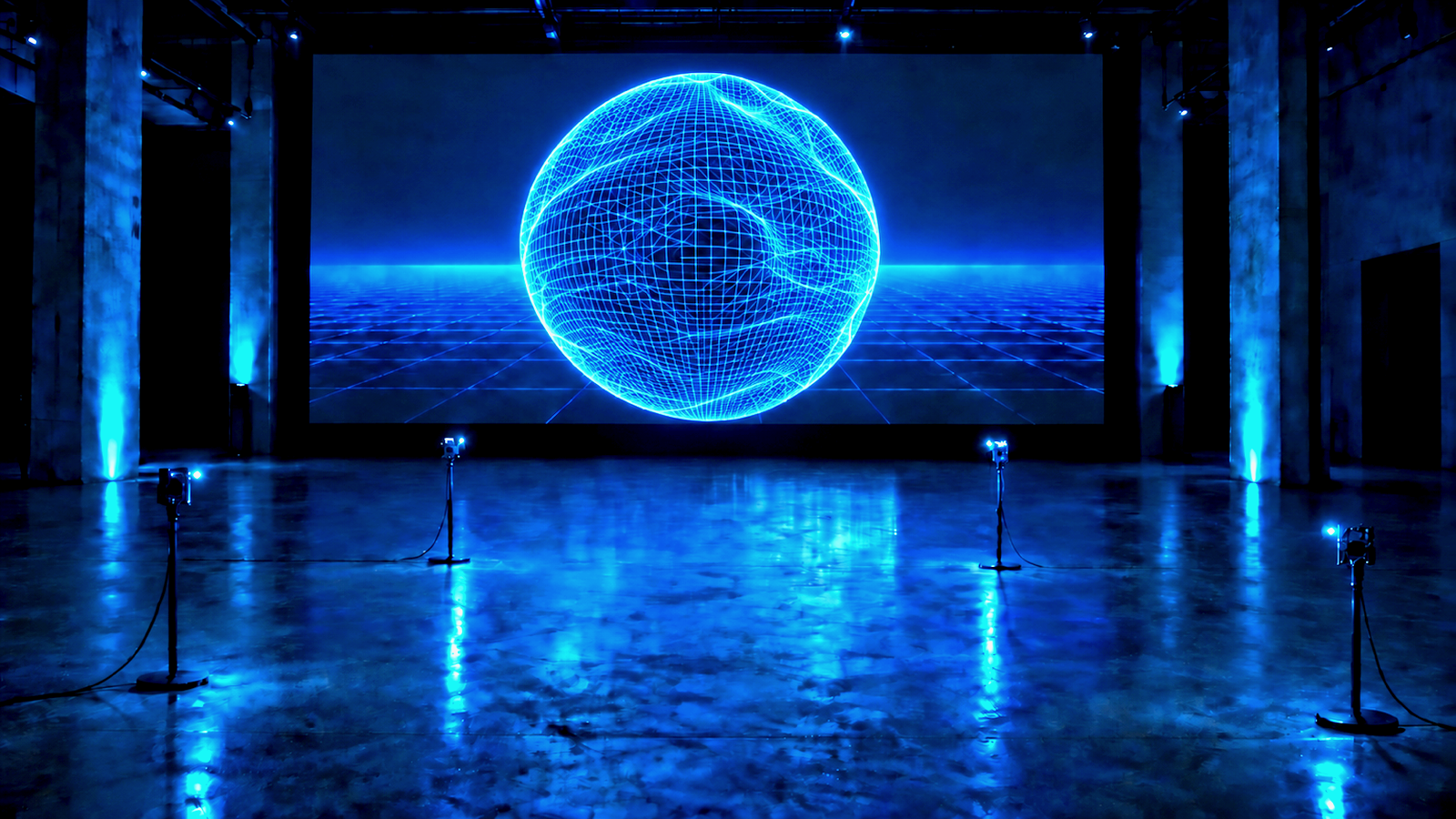 Interactive generative installation by Guillaume Chappez showing a wireframe sphere on a large screen