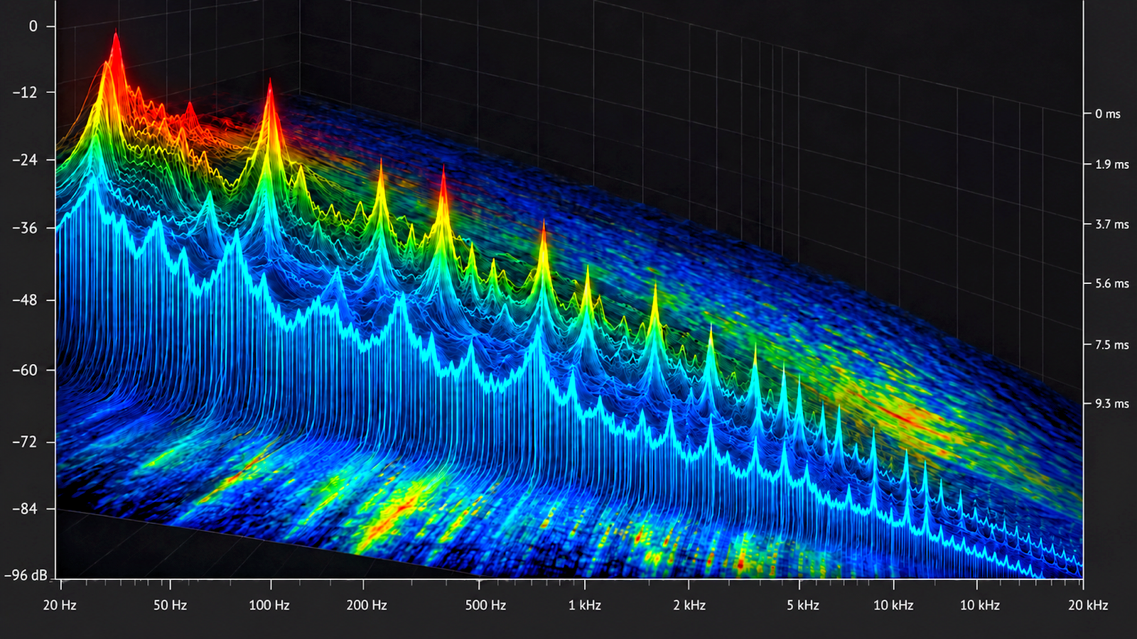 Colourful 3D audio spectrogram representing electronic and electroacoustic music composition by Guillaume Chappez